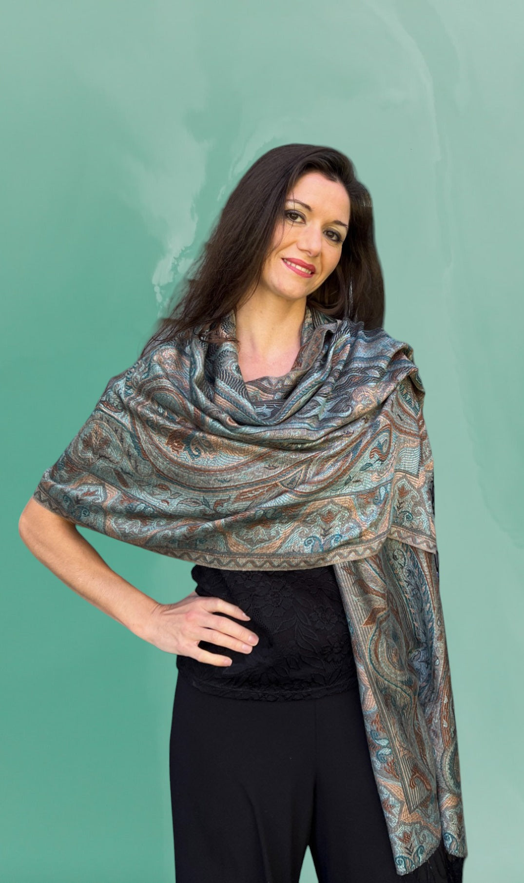 Teal Gold Reversible Pashmina Scarf Inspired by Kashmir - Jamawar Design - Rosetta Creative Boutique